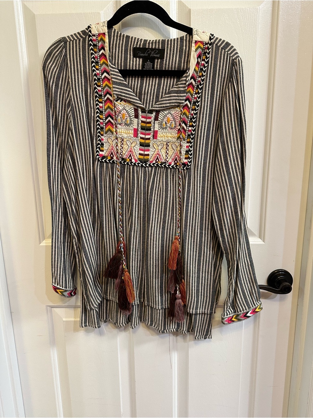 Brandon Thomas Patchwork Embroidered Stripe Peasant Blouse - Multicolor